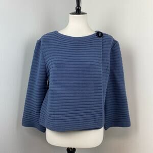 Magaschoni Blue Ribbed Knit Button-Shoulder Sweater cashmere